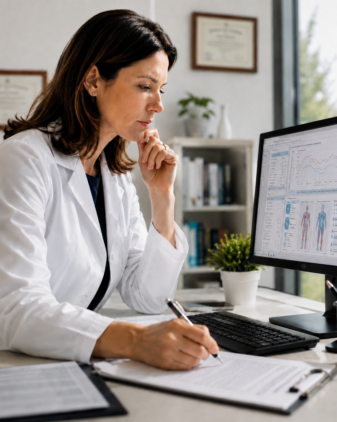 Professionista della nutrizione al lavoro su documentazione clinica